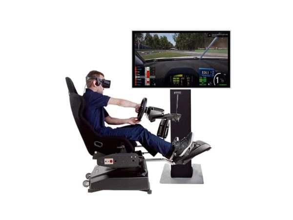 Man enjoying the Race Car Simulator in VR Full Motion.