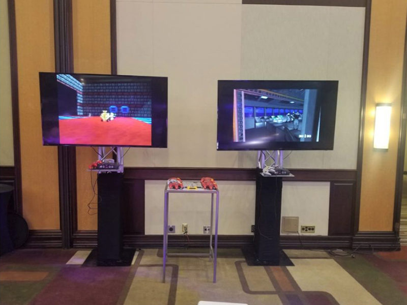Gaming Consoles ready for an event.