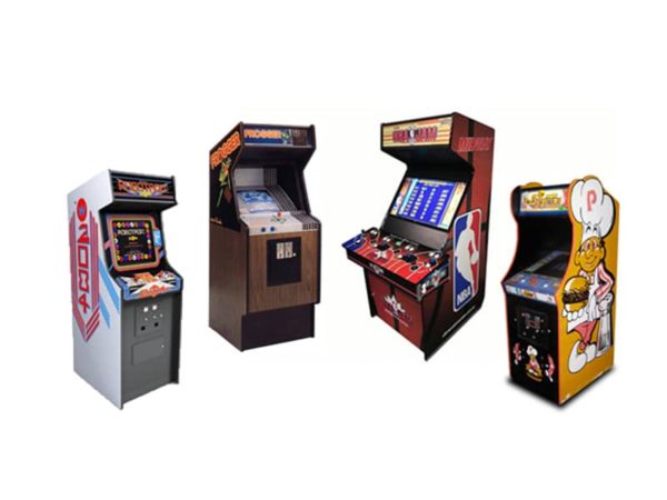 Arcade Rental Package in Toronto, pictured arcade cabinets: Robotron, Frogger, NBA Jam, and Burger Time.