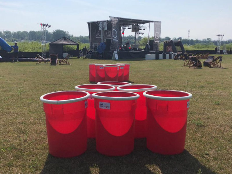 Giant Beer Pong set up for an outdoor event, front view.