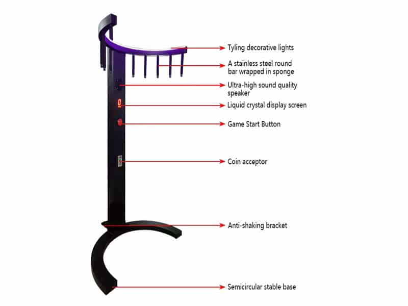 Catch the Stick Reflex Game machine rental featuring LED lights, padded stainless steel bars, LCD screen, speaker, game start button, coin acceptor, and stable semicircular base – available from Abbey Road Entertainment for events and parties in Toronto.
