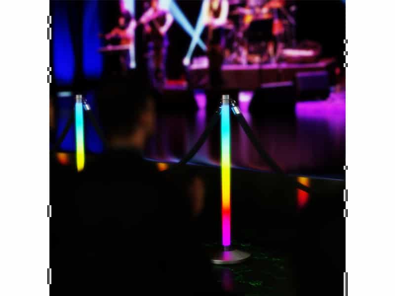 LED stanchion rental with color-changing lights and sleek chrome finish – ideal for crowd control and event décor in Toronto from Abbey Road Entertainment.